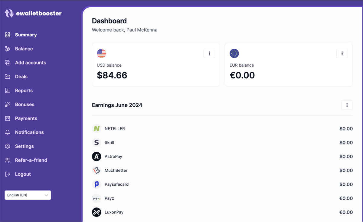 ewalletbooster rewards dashboard