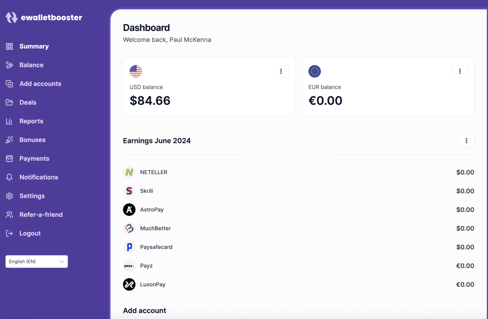 ewalletbooster rewards dashboard